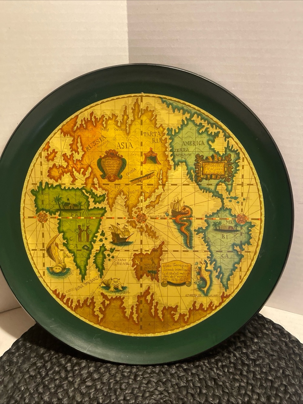 Vintage Lacquer ware World Map serving Tray - Green & Gold